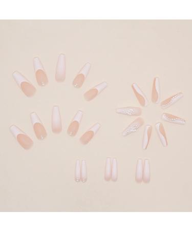 Justotry 24PC Pearls Coffin Nails with Butterflies | White & Pink Ballerina Press-On Nails for Women | Beautiful Medium Fake Fingernails - Buy Online on GoSupps.com