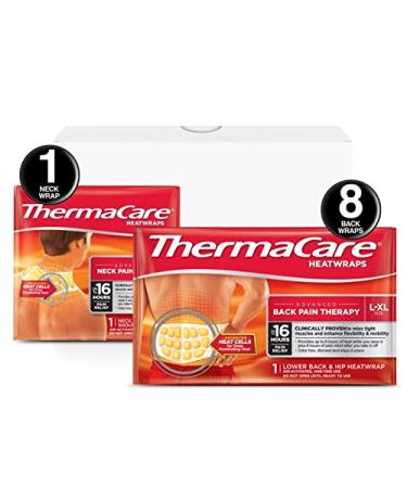 ThermaCare Portable Heating Pad Neck and Back Pain Relief Patch Combo Pack LXL Heat Wraps 1pc Neck Patch 8pc Back Patch (9 Total)