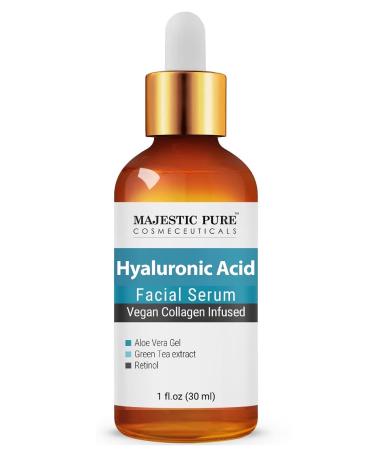 MAJESTIC PURE Hyaluronic Acid Serum for Face - With Vegan Collagen  Aloe Vera  Green Tea & Vitamin A - Facial Serum Anti Aging - Helps Acne  Spots & Fine Lines - Skin Care for Men and Women - 1 fl oz
