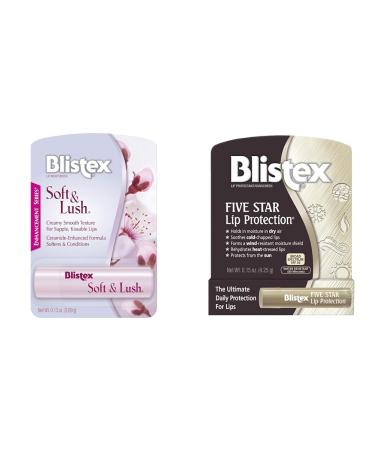 Blistex Soft & Lush Lip Protectant 0.13 Ounce & Five Star Lip Protection Balm 0.15 Ounce Bundle