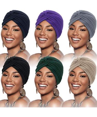 6 Pieces Turbans for Women Soft Turban Head Wrap Pleated Beanie Cap Multicolor