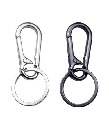 2 Pcs Keychain Clip Key Ring,Metal Carabiner Clips Keyring Keychains Chain Holder Organizer for Car and Keys Finder Medium Silver+black steel Single Ring