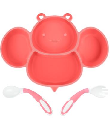 Vicloon Baby Suction Plate Non-Slip Silicone Baby Divided Plate Toddler Baby Feeding Plate with Bendable Fork & Spoon for Self Feeding Training BPA-Free FDA Approved Dishwasher Safe Pink Bee-pink