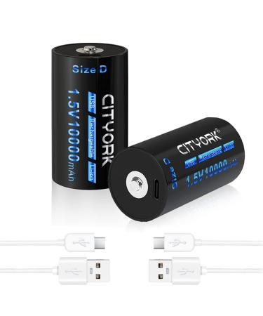 CITYORK 2 Pack 10000mAh USB Rechargeable D Cell Lithium Batteries USB Type C Port 1.5V Constant Output D Cell Li-ion Batteries Fast Charging (Include 2 Pcs USB Charging Cable)