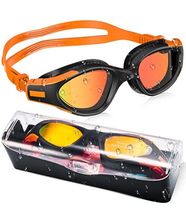 SwimStars Swim Goggles for Adults Men Women Youth, Anti-Fog UV Protection, No Leaking Swimming Glasses for Pool, Open Water Orange/Black, Mirrored Lens