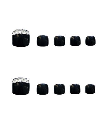 VOTACOS Short Square Press On Toe Nails - Black French Tip with Rhinestones | 24PCS Full Cover Glossy Acrylic Toe Nails for Women - Buy Online on GoSupps.com