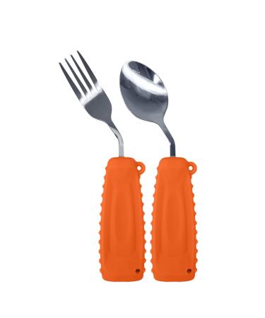 Ehucon Adaptive Utensils Curved Angled Spoon and Fork Set for Tremors Parkinsons Limited or Elderly Lightweight Cutlery with Non-Slip Easy Grip Handles (Right Hand Spoon and Fork Set Pack of 2 Orange)