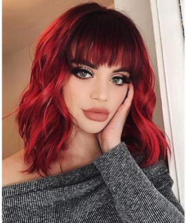 Short Wavy Red Wig with Bangs for Women Synthetic Curly Bob Wig Natural Looking Heat Resistant Fiber Wig for Daily Party