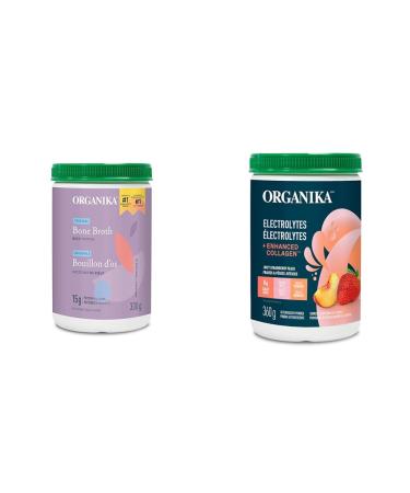 Organika Bone Broth Beef Original 300 G | Organika Electrolytes + Enhanced Collagen (Strawberry Peach) 360 gram Beef Packaged Soup And Stew+Electrolytes +Collagen