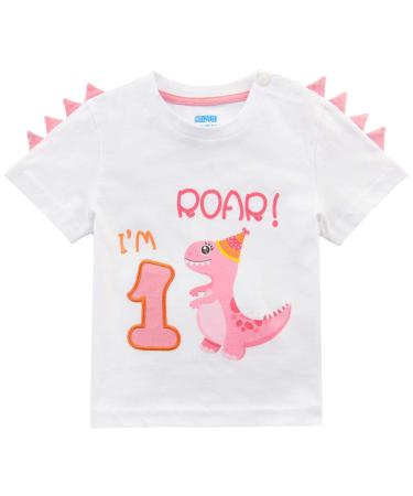 1st Birthday Girl T-Shirt Dinosaur Party B-Day Themed Tee Gift for Baby 80 White