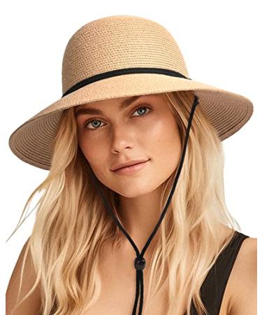 FURTALK Womens Wide Brim Sun Hat with Wind Lanyard UPF Summer Straw Sun Hats for Women Khaki Medium-Large