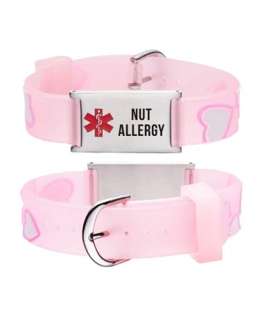 LinnaLove Cartoon Medical Alert id Bracelets Parents Gift to Son, Daughter, Brother, Sister PINK HEART nut allergy