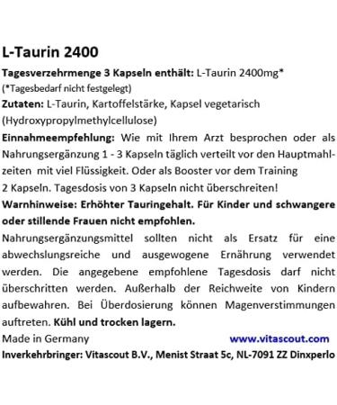 L-Taurine 2400 II - 180 Vegan Capsules (800mg) - High Dose No Magnesium Stearate - Made in Germany - Best on the Internet - International Shipping Available - Buy Online on GoSupps.com