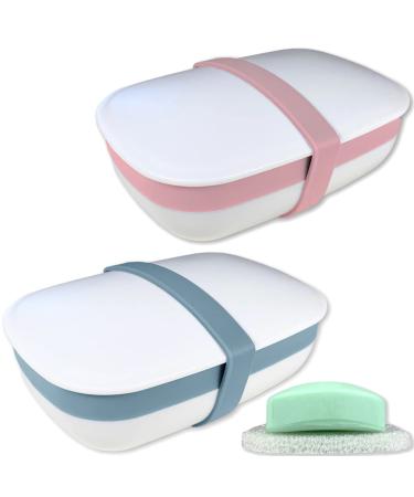 Kiasona 2Pack Travel Soap Holders, Soap Bar Box Dish Container Case ,with Sponge Saver& Band ,for Travel (Blue & Pink)