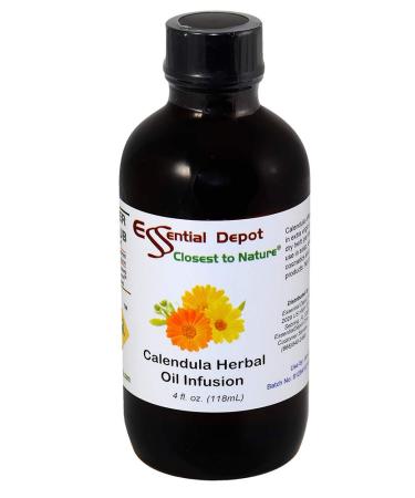 Essential Depot Calendula Herbal Oil Infusion - Vegan - Non-GMO - Supplied in 4 oz. amber glass bottle with Black Phenolic Cone Lined Safety Sealed Cap