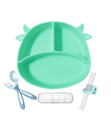 4-Piece Set Baby Suction Plate Non-Slip Silicone Baby Divided Placemat Divided Suction Plates Child Sucker Toddler Baby Feeding Plate with Bendable Fork & Spoon for Self Feeding Training(Green)