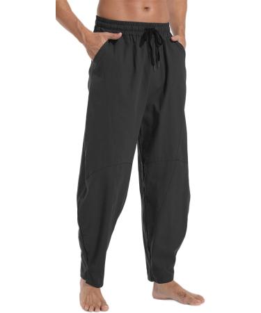 PaceiADTA Men's Cotton Linen Drawstring Pants - Elastic Waist Summer Beach Yoga Pants (Black, M) - Buy Online on GoSupps.com