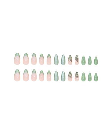Green Press on Nails - Medium Almond Shape | Butterfly & Flower Design | Pink Glossy Ombre Fake Nails for Women | Trendy Press Ons - Buy Online on GoSupps.com