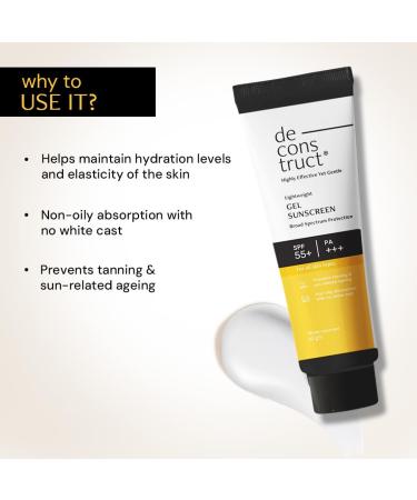 Deconstruct Face Gel Sunscreen SPF 50 + and PA+++ | Gel based sunscreen for oily combination skin normal skin | Broad spectrum sunscreen No White Cast Lightweight Non greasy - 30gm - Buy Online on GoSupps.com