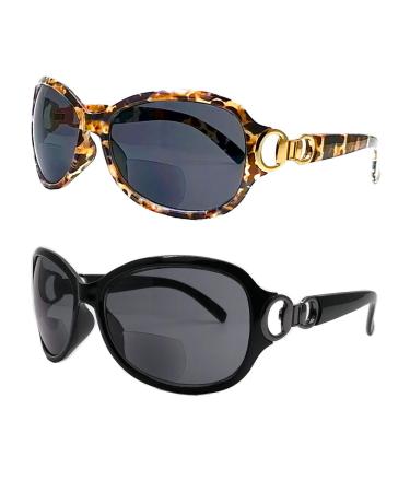 2 Pairs Bifocal Reading Sunglasses for Women Metal Decoration Vintage Street Fashion UV Protection Oversize Reader Sunglasses Black&tortoise 2 x