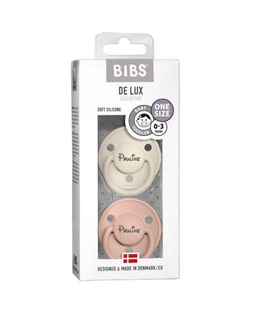 Personalized Silicone Pacifier Double Pack - Custom Engraved Text | Bibs de Lux in White & Pink - Buy Online on GoSupps.com