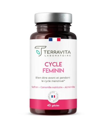 Feminine Cycle | Dietary Supplement Pain and Premenstrual Syndrome | With Chamomile Dandelion Vit B6 and Safr Inside Patented Saffron | 45 Vegan Capsules | Made in France | Terravita