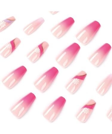 Justotry 24 Pcs Swirl Gradient Pink Fake Nails with Flower Patterns - Medium Acrylic Coffin False Nails for Women - Pretty Ballerina Stick on Nails for Nail Art - Buy Online on GoSupps.com