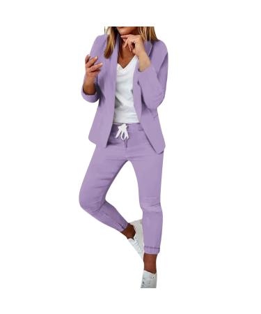 Women Classic 2 Piece Blazer Sets Open Front Blazers and Straight Leg Trouser Pants Suits Set Office Slim Fit Jackets 4523-sasnx-2-purple L