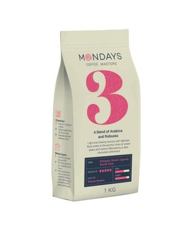 Mondays No.3 Coffee Beans, Arabica and Robusta, Deep Roast, 1kg