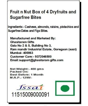 Ghasitaram Gifts Diwali Gifts Fruit n Nut Box of 4 Dryfruits and Sugarfree Bites - Buy Online on GoSupps.com