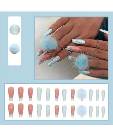 HJKOGH Autumn Winter New Fake Nails Press On Nails Cute Blue Hairball Long Ballerina False Nails with Designs French Coffin Nail Tips - Buy Online on GoSupps.com
