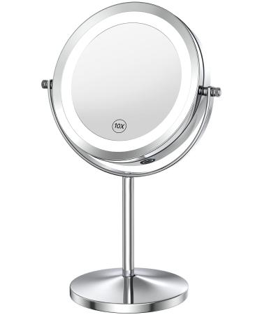 Benbilry 1X/10X Magnifying Lighted Makeup Mirror with Dimmable Lights, Double Sided 360 Swivel 7" LED Vanity Mirror, Battery Operated Cordless Standing Round Mirror for Men Women (Touch Switch) Silver