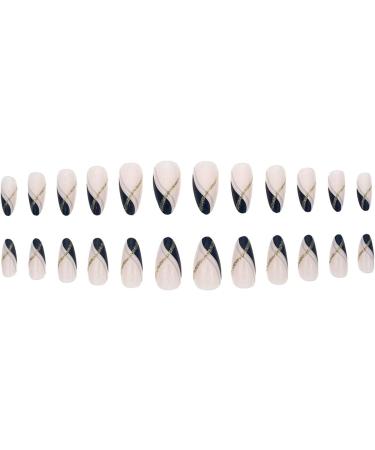 24 Pcs Gold Glitter Short Stiletto Black French Press on Nails with Nail Glue - Almond Medium Fake Nails for Women's Nail Art - Buy Online on GoSupps.com