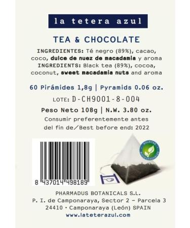 PHARMADUS LA TETERA AZUL Premium black tea with cocoa coconut and macadamia nuts Tea and chocolate Jar with 60 pyramids - Buy Online on GoSupps.com