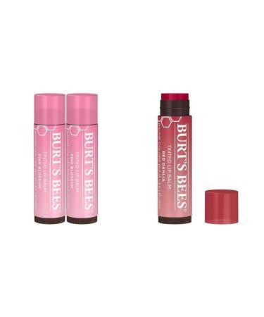 Burt's Bees 2-Pack Tinted Lip Balm Bundle with Pink Blossom and Fiery Red Dahlia for Hydrating Sheer Color Pink Blossom + Red Dhalia 1 Count (Pack of 2)