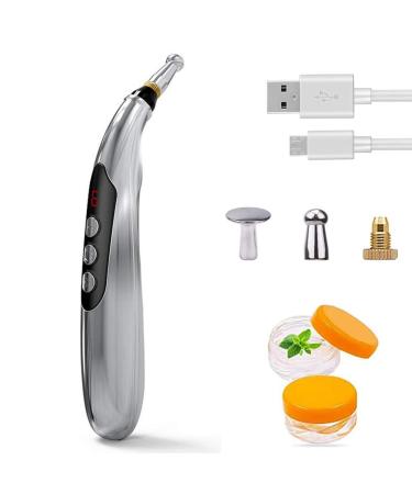 Acupuncture Pen Electronic Accupressure Pen, USB Rechargeable Pain Relief Electric Meridians Energy Pen Massager Pen Pain Relief Massage Tool with 3 Massage Heads & 2 Massage Gel