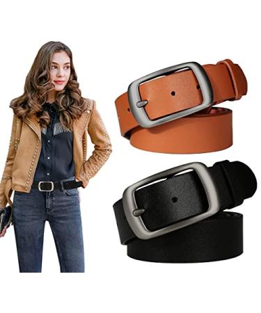 Ssumday 2 Pack Women's 1.3" Leather Belts for Jeans Pants Dresses with Fashion Alloy Pin Buckle A-black+brown(2pack) M for waist 31-34"
