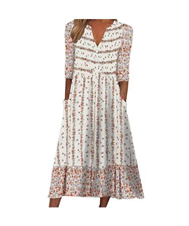 Womens Casual Dresses Women's Fashion Casual Boho Dress Short Sleeve V Neck Pocket Dress Casual Print Short Pink XX-Large