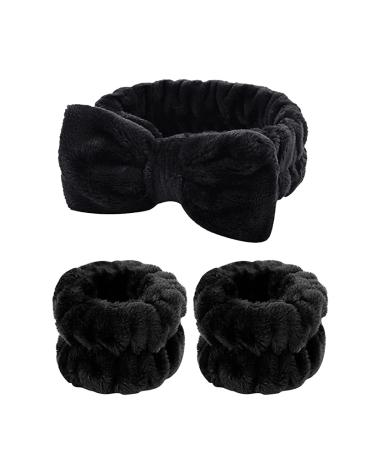 3 Pieces Womens Headband Soft Bowtie Facial Makeup Elastic Wrist Fluffy Hair Spa Headband Wrist Washband Set for Women Girls Shower