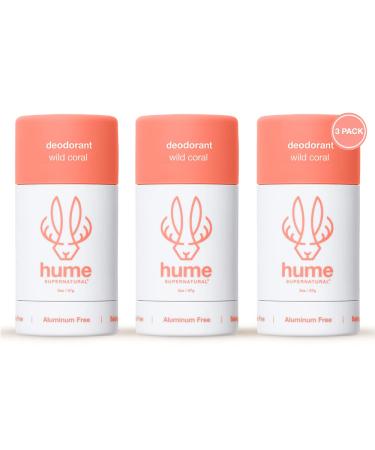 Hume Supernatural Aluminum Free Deodorant for Women & Men - Safe for Sensitive Skin - Probiotic Plant-Based Baking Soda Free Aloe & Cactus Flower Anti Sweat Stain & Odor - Wild Coral 3-Pack Wild Coral - 3 pack