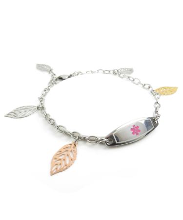 Pre-Engraved Customized Women s Narcolepsy Medical Bracelet Steel Leaves - Wallet Card Included