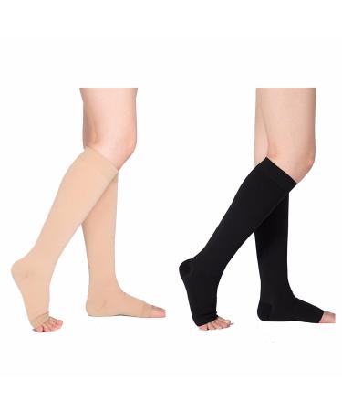 WSYKC compression socks set (2 pairs) open-toe compression socks 23-32 mmHg gradient pressure a couple in black and beige S S black beige