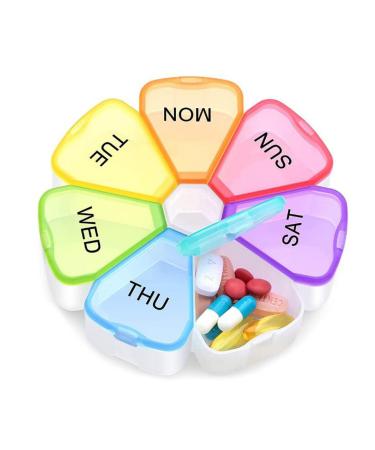 Hoshen 7 Days Portable Rainbow Pill Box Sealed Round Plastic Box Seven Compartment Petal Pill Box Multicolour Multicolor