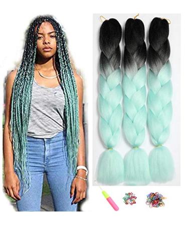 Showjarlly Kanecalon Kunsthaar Hair KanCalon Hair Braids Extension Ombre Jumbo Braid Hair Extension 24 " Kanecalon braids Box Hair Kunsthaar Hair For Inthalt Black/Light Green# 61cm-24 inch (3 pack) black/light green