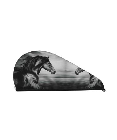 Running Horse Black and White Microfiber Hair Towel Soft Super Absorbent Hair Towel Wrap for Women Coral Velvet Quick Dry Hair Cap for Long Curly and Thick Hair