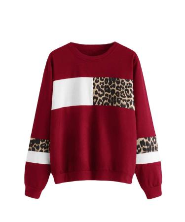 Bigfanshu Women's Dresses Leopard Print O-Neck Blouse Tops Cotton Long Sleeve Sweatshirt Red