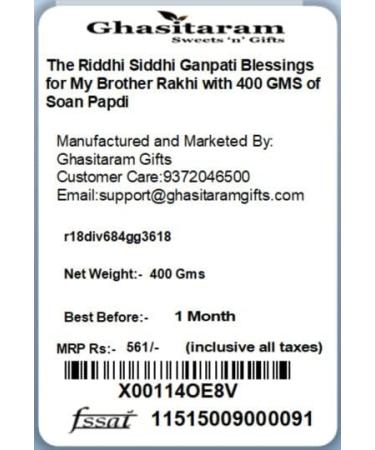 Ghasitaram Gifts Rakhi for Brother Rakhis Online - The Riddhi Siddhi Ganpati Blessings for My Brother Rakhi with 400 GMS of Soan Papdi - Buy Online on GoSupps.com