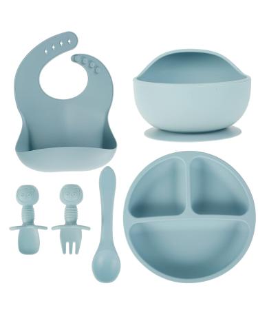 Set of 6 Baby Feeding Set Silicone Baby Tableware Set Food Grade Infant Dinnerware Set BPA Free Baby Led Weaning Supplies Non-Slip Self Feeding Utensils with Silicone Suction Bowls&Adjustable Bib&Divided Plates&Fork&Soft Spoon&Soup Spoon for Toddlers Infa