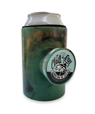 Chill-N-Reel Fishing Can Cooler with Hand Line Reel Attached | Hard Shell Drink Holder Fits Any Standard Insulator Sleeve or Coozie | Unique Fun Fishing Gift (Camo)