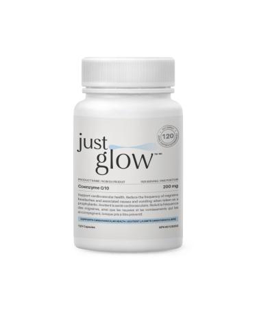 Just Glow Naturally: Coenzyme Q10 200mg - 120 Capsules - CoQ10 Ubiquinone Supplement - Experience the Power of a Natural Antioxidant for Supporting Cardiovascular Health and Alleviating Migraines & Headaches - Made in Canada - 120 Days Supply